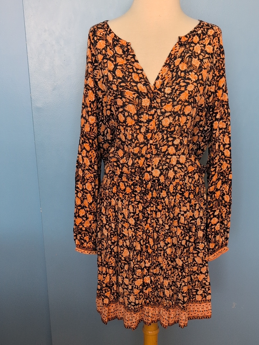 Faherty Floral Long-Sleeve Button Down Dress in Orange and Navy Large L